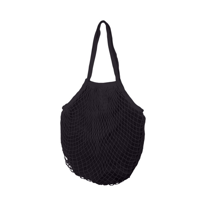 A black mesh grocery bag with a spacious inner compartment and two sturdy handles for easy carrying.
