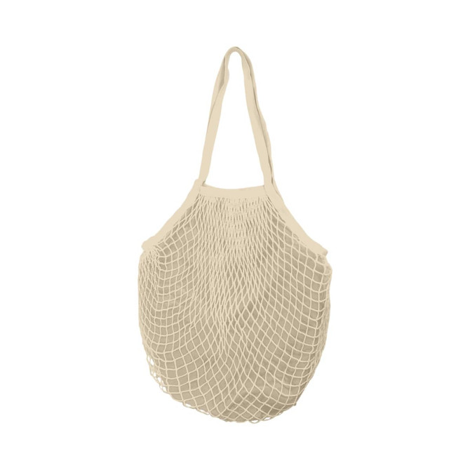 A beige mesh grocery bag with a netted design and two shoulder straps. It features an inner compartment.