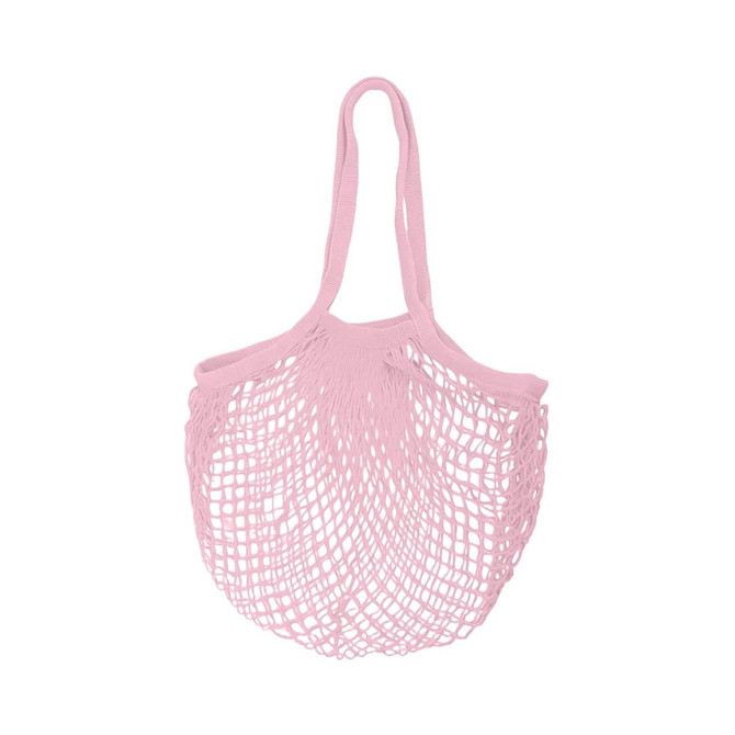 A pink mesh grocery bag with two handles and a spacious netted design.