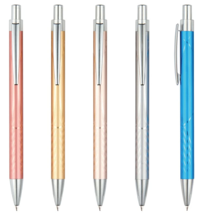 A selection of five Rocket aluminium pens in pink, gold, silver, blue, and a rose tone, each with a sleek design and clip.
