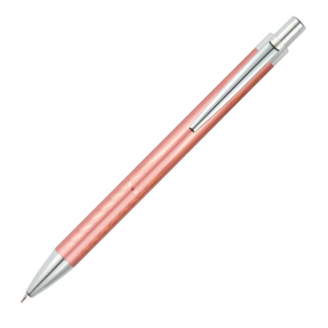 A pink aluminium pen with a silver clip and tip, featuring a logo on the barrel.
