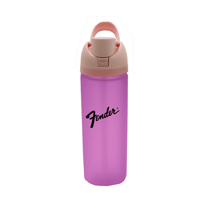 A drink bottle in pink with a beige lid, featuring a logo. Suitable for various beverages.