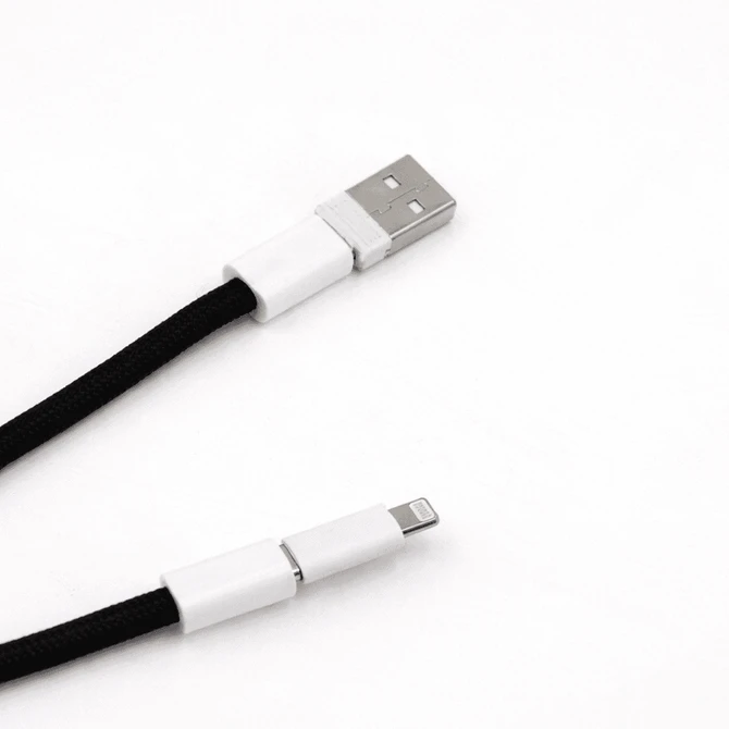 A black charging lanyard with white connectors at both ends, featuring a USB and a Lightning connector.