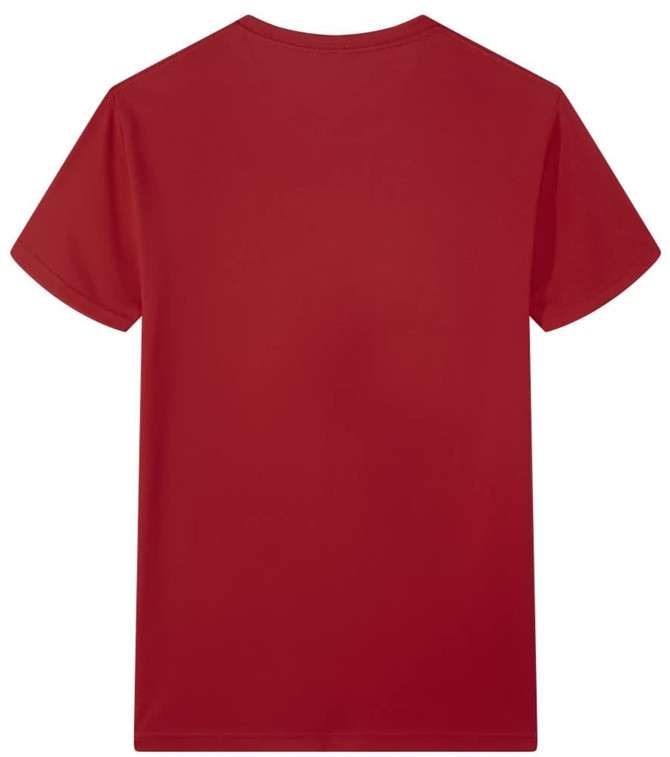 A red Saharah dryfit tee shirt with a simple, unadorned back and a logo on the interior neckline.