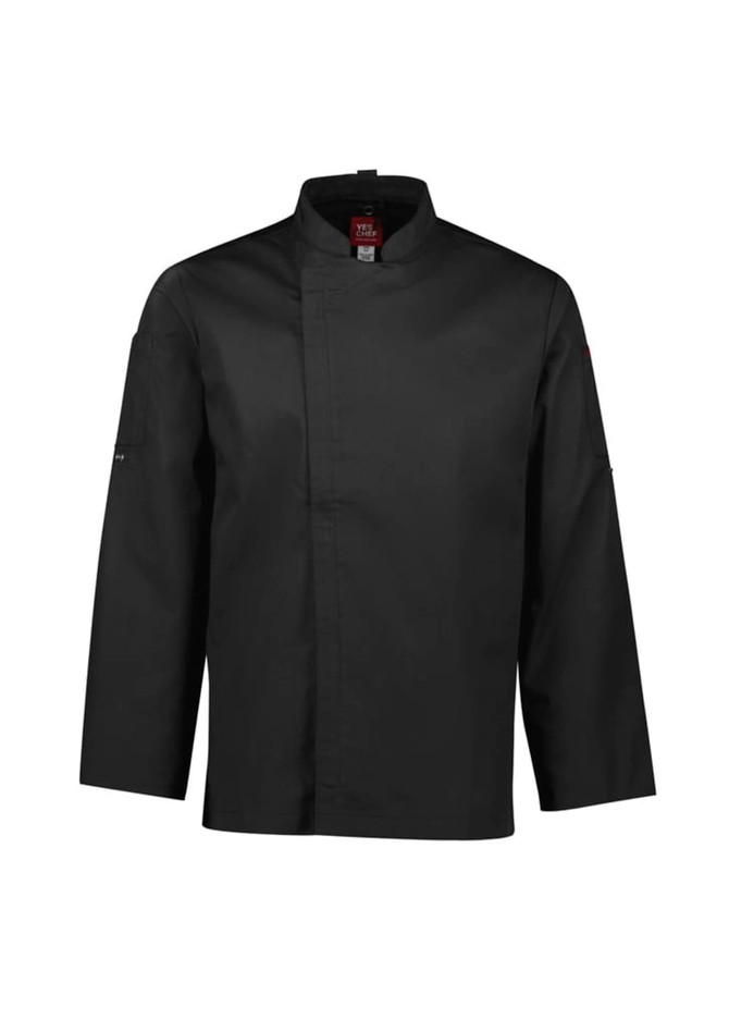 A black long sleeve chef jacket with a Mandarin collar and logo on the sleeve.