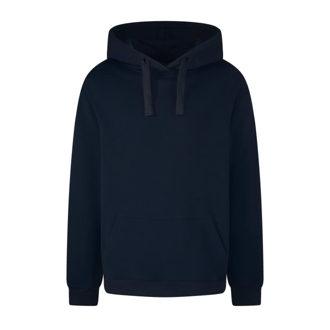 A navy blue hoodie with a large front pocket and drawstring hood, featuring a branding logo.
