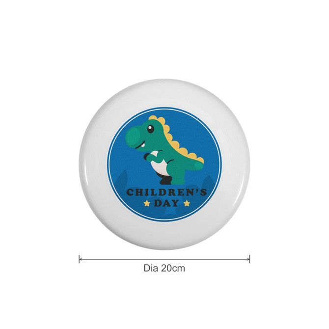 A white frisbee featuring a green dinosaur design on a blue background, labelled with "Children's Day." Diameter is 20 cm.