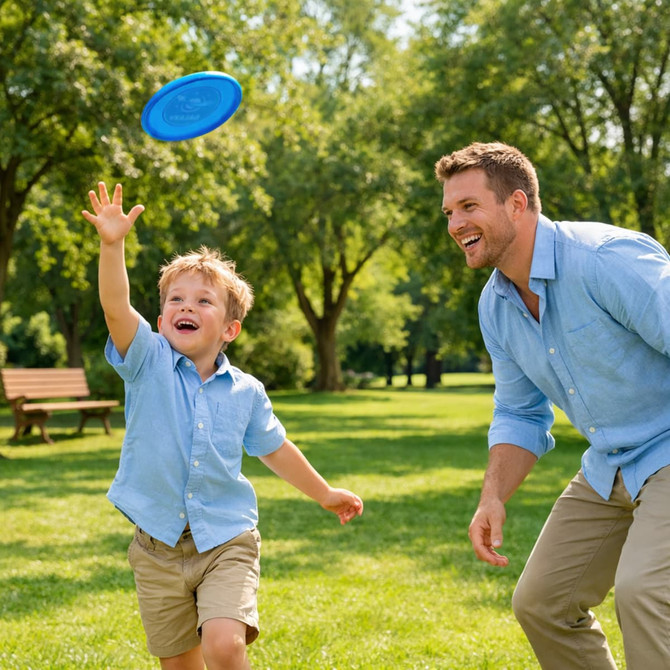 A man and a boy play catch with a frisbee in a green park, surrounded by trees and benches.