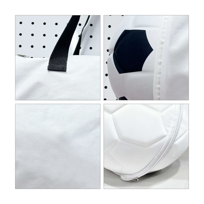 A foldable duffel bag in white with a black and white soccer ball design. Features a zipper and handle.