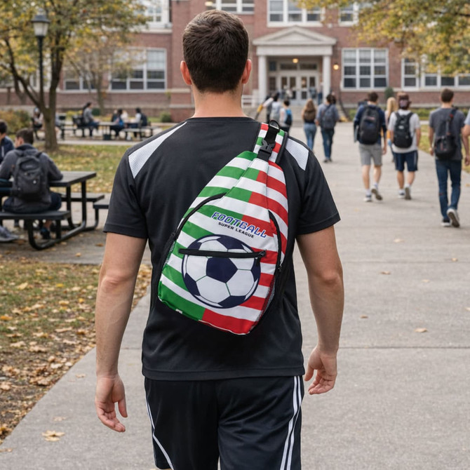 A full colour crossbody bag with a football design, worn over one shoulder by a person on campus.
