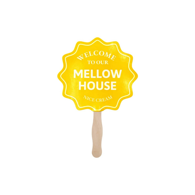 A yellow custom shape paper hand fan with a wooden handle and a decorative design.