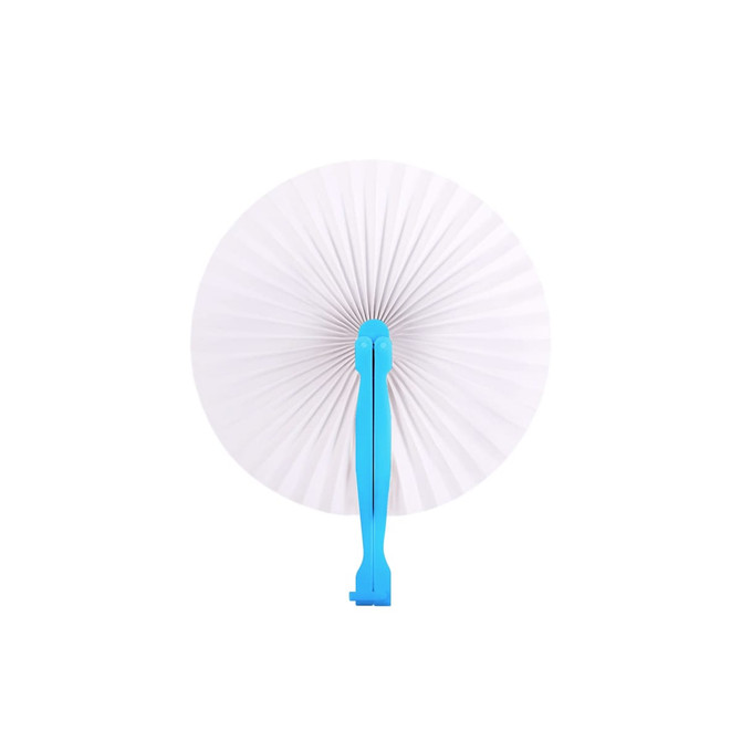 A round plastic paper fan with a blue handle and white fan blades, featuring a pleated design.