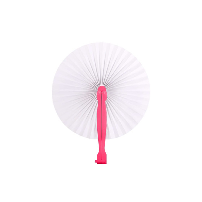 A round plastic paper fan featuring a pink handle and a white, pleated fan blade. It has a logo on the handle.