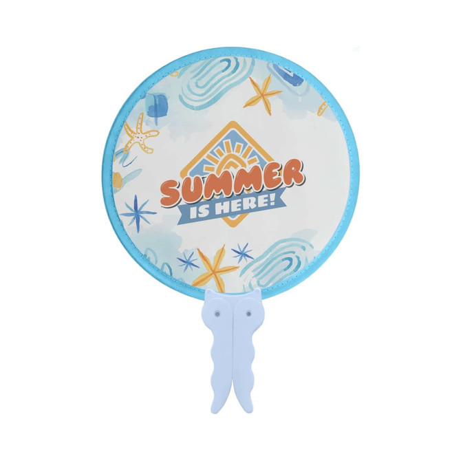 A 20cm foldable fan with a light blue handle and a decorative design featuring summer themes.