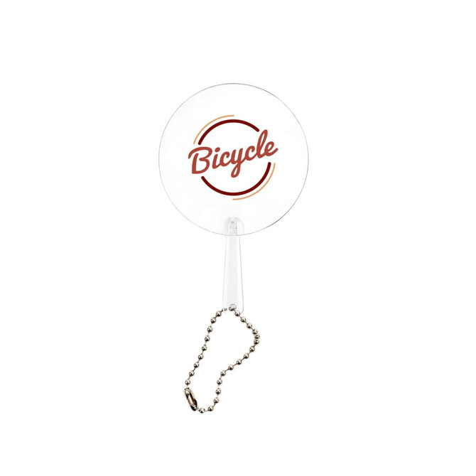 A clear mini PVC hand fan with a circular design and a keychain attachment, featuring a logo in warm colours.
