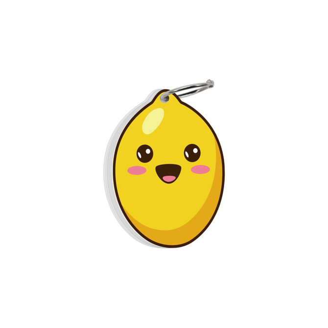A yellow lemon-shaped index card with a smiling face, attached to a silver ring.