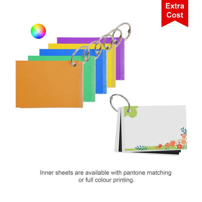 A7 pearlescent index cards in orange, purple, green, blue, and yellow, held together by a metal ring.