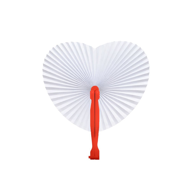 A heart-shaped plastic fan with a red handle and white, pleated fan section. Brand logo visible on the handle.