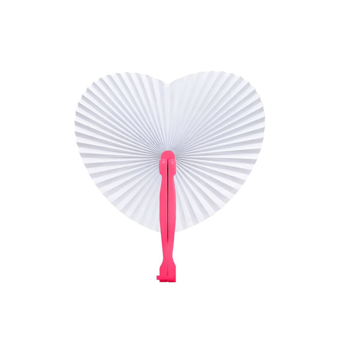 A heart-shaped plastic paper fan featuring a pink handle and white pleated paper design.