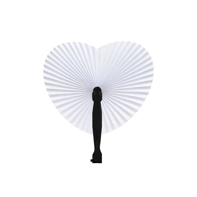 A heart-shaped plastic paper fan in white with a black handle, featuring pleated design.