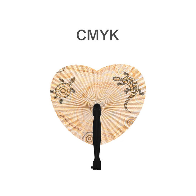 A heart-shaped plastic paper fan in shades of beige with illustrations of a turtle and lizard, featuring a black handle.