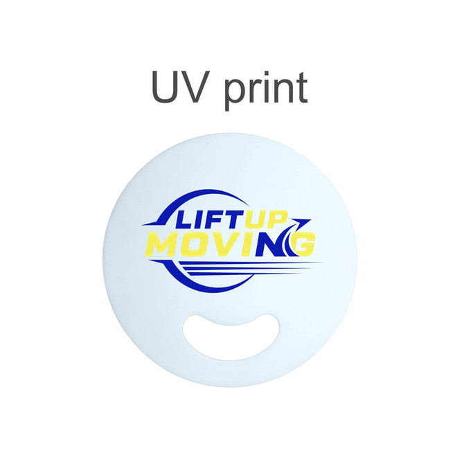 A round custom-shaped PP fan without handles in white, featuring a logo with blue and yellow text.