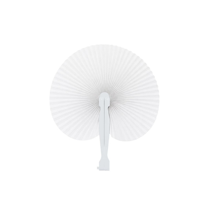 A white plastic paper fan with a ribbed design and a plastic handle, featuring a simple, elegant appearance.
