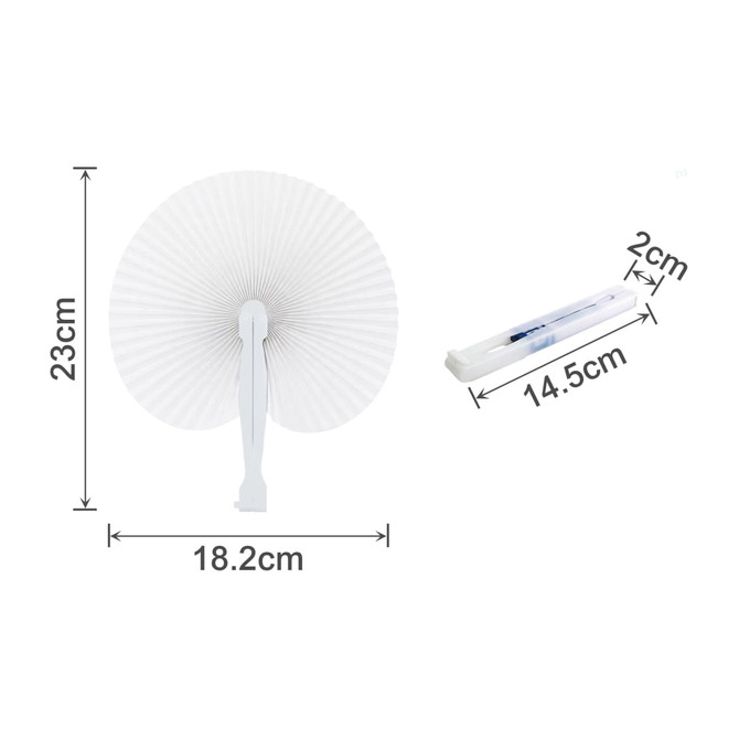 A peach-shaped plastic paper fan in white, with dimensions of 23cm height and 18.2cm width. Includes a small holder.
