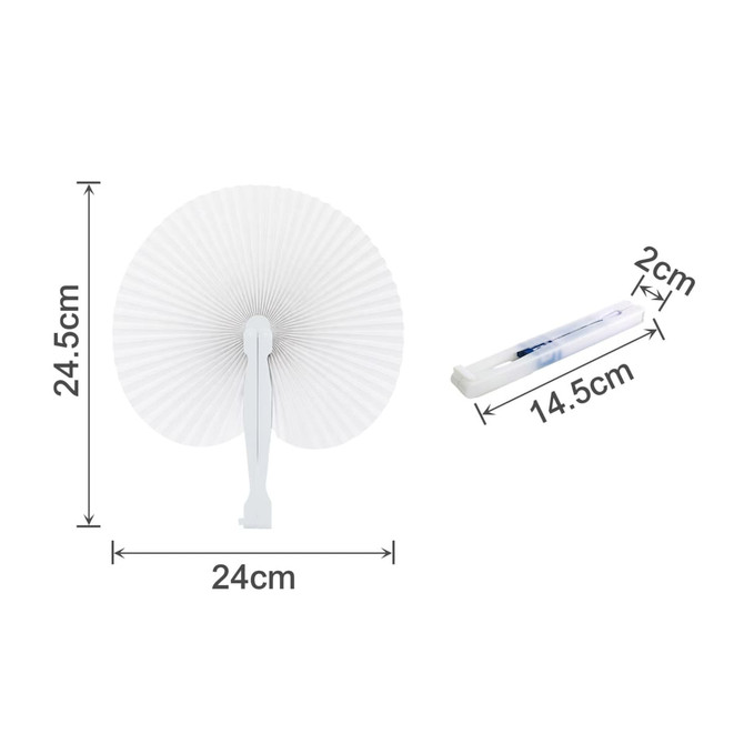 A white plastic handle paper fan with a peach shape, measuring 24.5 cm by 24 cm, alongside a transparent packaging.
