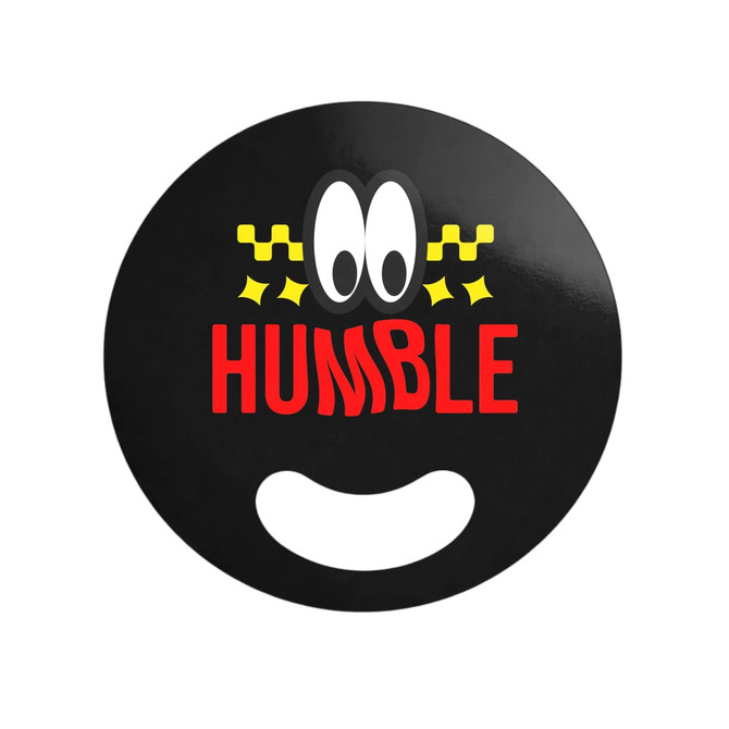 A custom-shaped black paper fan featuring cartoon eyes and the word "HUMBLE" in red.