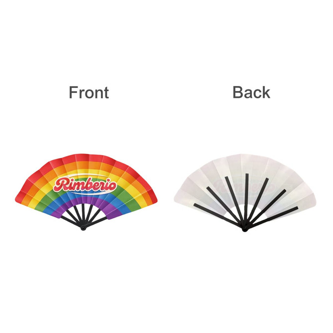 A plastic hand fan featuring a rainbow design on the front and a plain white back with black spokes.