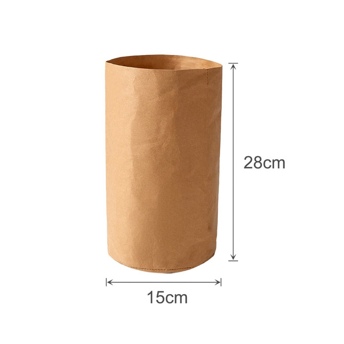 A large, brown washable kraft paper bag with dimensions of 15 cm diameter and 28 cm height. It has a plain design and a logo.