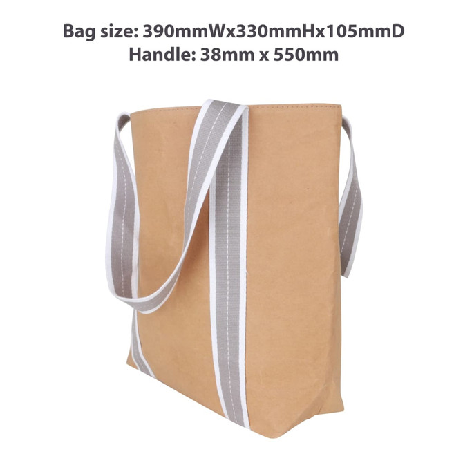 A small washable kraft paper bag in brown with grey cotton handles, featuring a logo. Dimensions: 390x330x105mm.