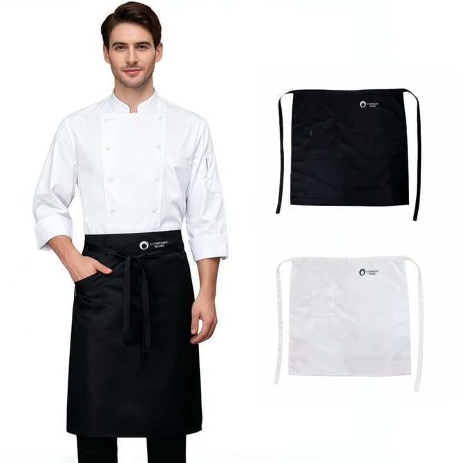 A half apron in black and white with a pocket, worn by a chef, featuring a logo. 