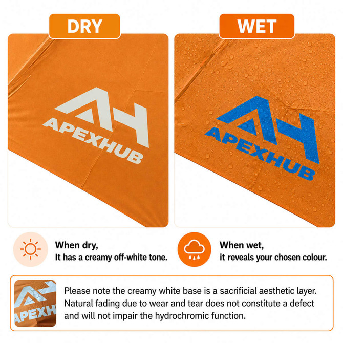 An orange umbrella featuring a logo, displayed in two conditions: dry with a creamy off-white tone and wet revealing a brighter colour.