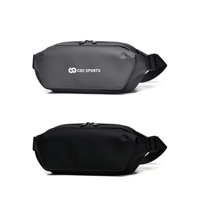 A fanny pack in grey and black with a logo on the front and a zippered compartment.