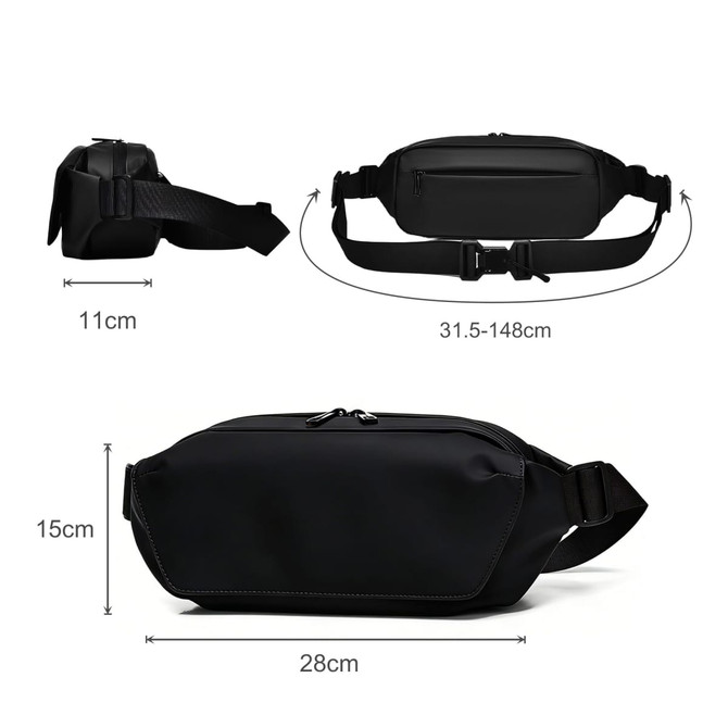 A black fanny pack with adjustable straps, measuring 28cm x 15cm x 11cm, featuring a logo.