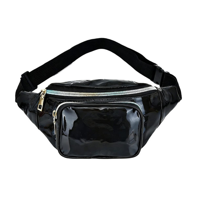 A holographic black fanny pack featuring a main compartment and a smaller front pocket, with a contrasting silver zipper.