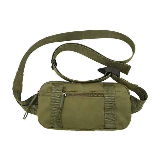 A green travel fanny pack with a zippered compartment and adjustable strap. It features a logo on the front.
