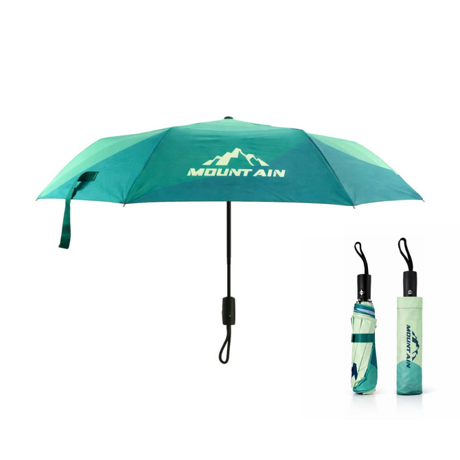 A 21'' automatic compact folding umbrella in shades of green with a matching carrying case and logo.