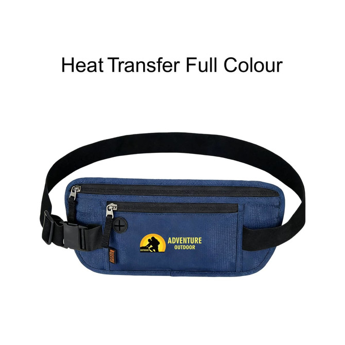 A navy waist bag features an adjustable strap and a front zippered pocket with a logo. It has RFID blocking technology.