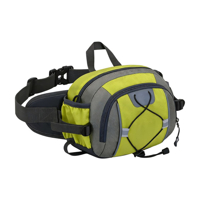 A drink bottle holder is attached to a grey and fluorescent yellow waist bag with multiple compartments and a logo.