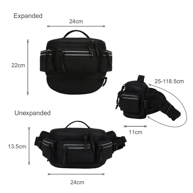 An expandable black bum bag with multiple zippered pockets, showing dimensions for both expanded and unexpanded states.