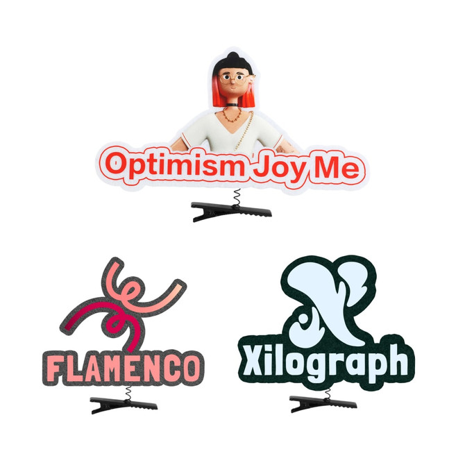 A collection of three promotional signs, featuring vibrant colours and playful designs, each mounted on clips.