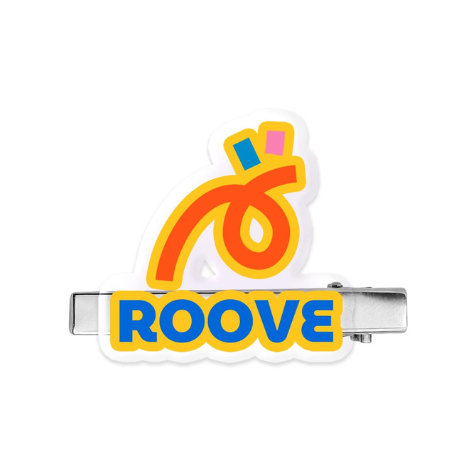 A custom-shaped acrylic hair clip featuring vibrant orange, pink, and blue colours, with a logo included.