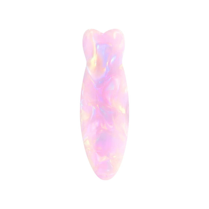 A fish-shaped hair clip in iridescent pink with shimmering hues. Features a glossy finish and a sleek design.