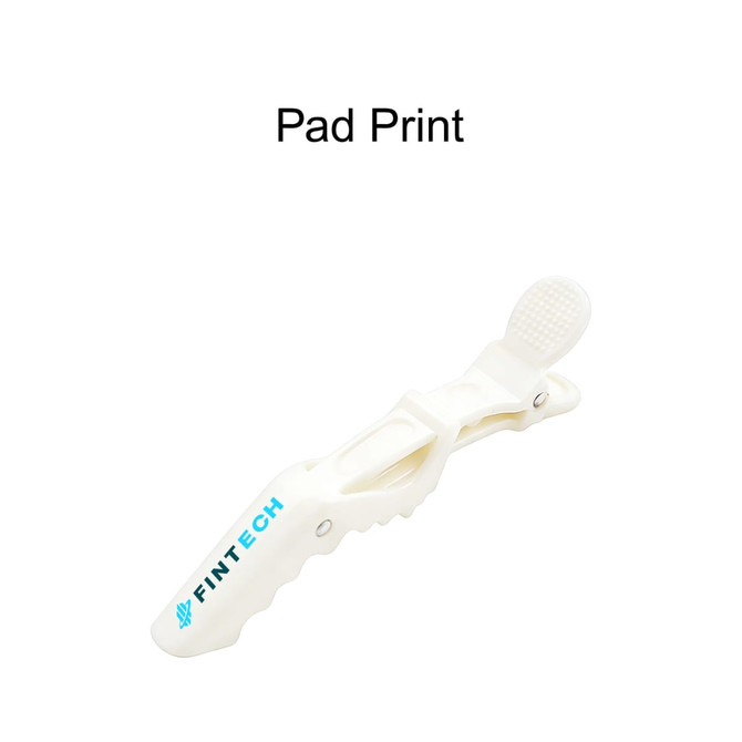 A white anti-slip positioning alligator clip with textured grip and a logo.