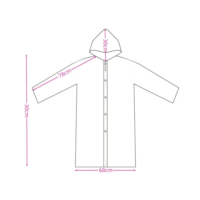 A grey raincoat with a hood, featuring a button closure and long sleeves, with dimensions indicated.