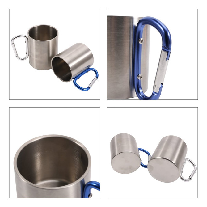 A drink bottle featuring a stainless steel body, a blue carabiner handle, and a smooth metallic finish.