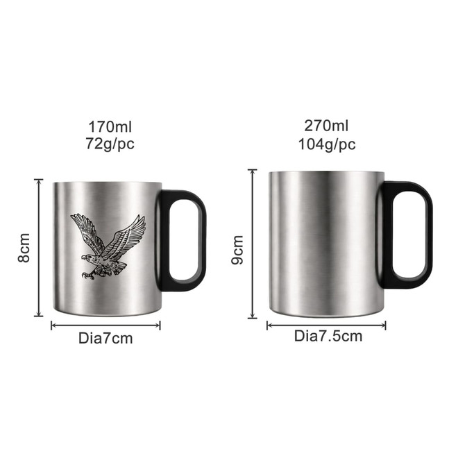 A stainless steel insulated mug with a plastic handle, available in 170ml and 270ml sizes, features a logo.